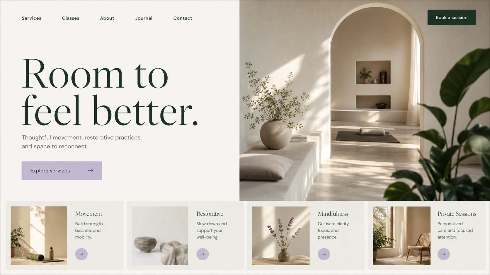 Fictional wellness studio website concept